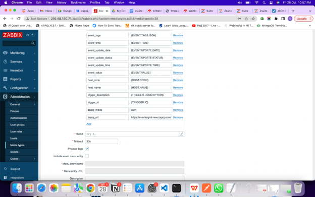 Click on the “ZAPOJ” media type and paste the integration URL at zapoj_url parameters and click on the Update button.