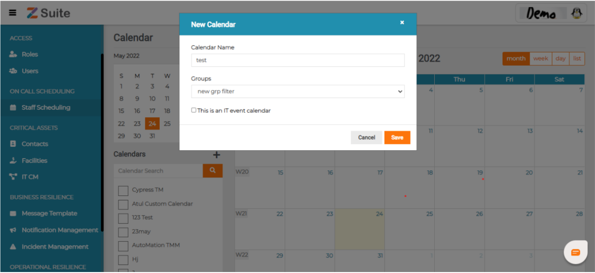 staff scheduling ->add icon-> fill calender name and select groups