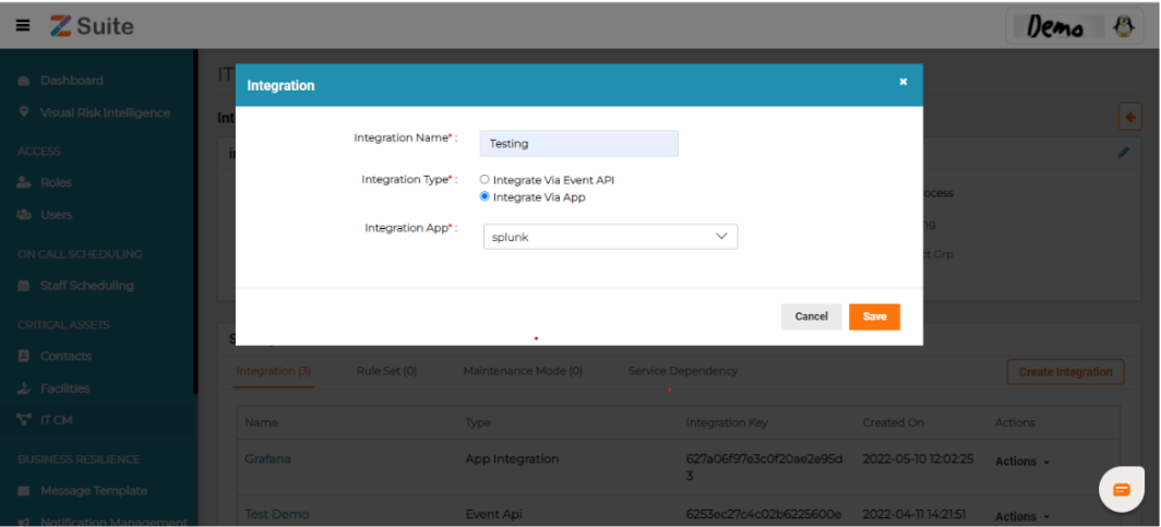 Integration-> Create integration-> fill integration name-> select integration via app->    Select App Name-> Save