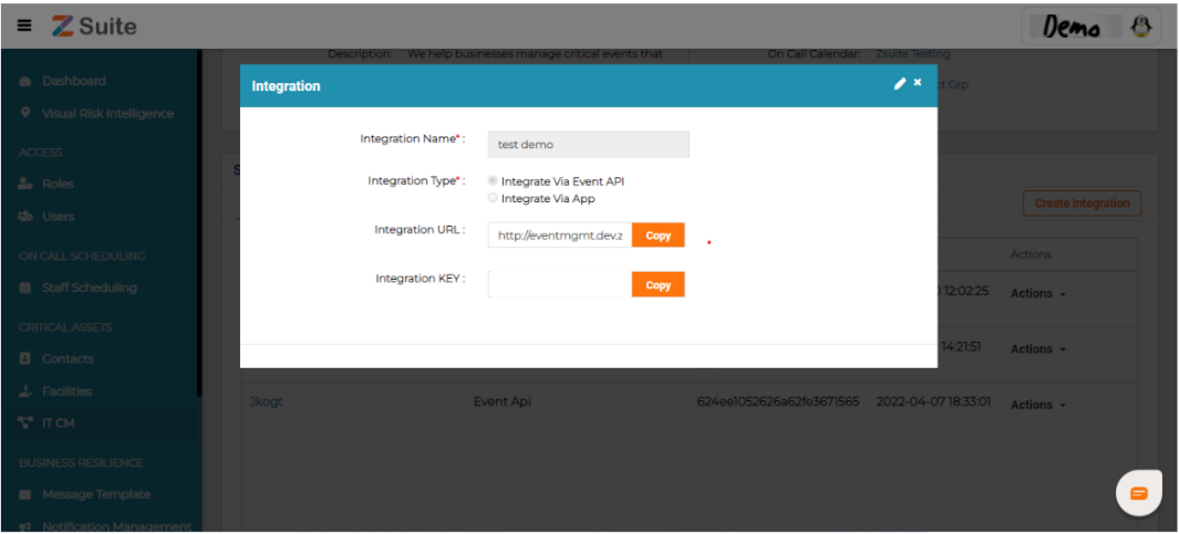   Service integration created automatically integration url and key