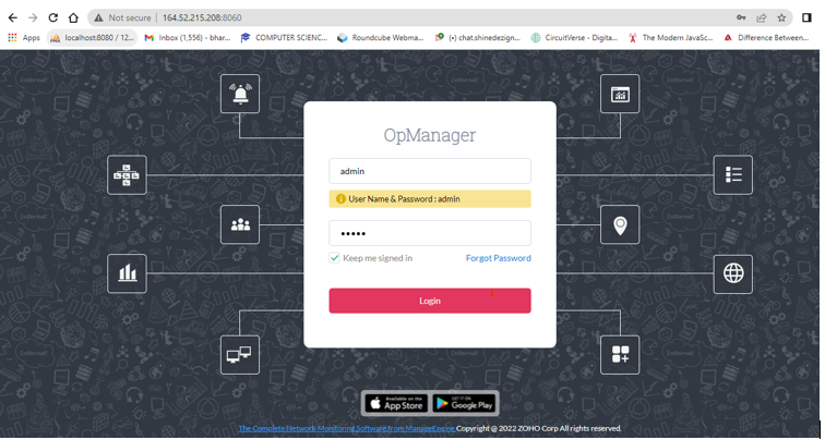 go to the browser and open opManager  dashboard using ipAddress