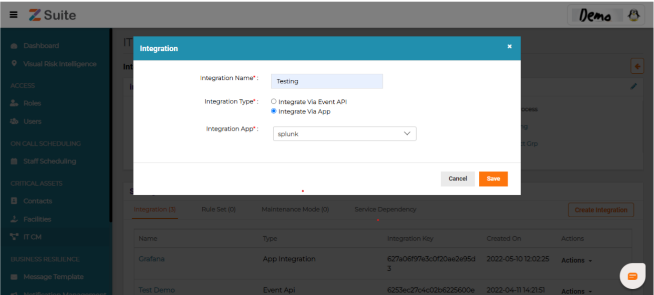 Integration-> Create integration-> fill integration name-> select integration via app->    Select App Name-> Save