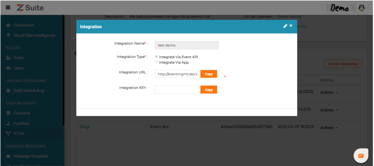 Service integration created automatically integration url and key